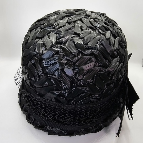 Vintage 60s Black Raffia Pillbox Hat ILGWU Jackie O Mod Cocktail‎ Mad Men main image 12